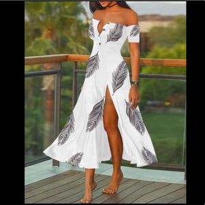 Leaf Print Off Shoulder Button Decor Slit Dress